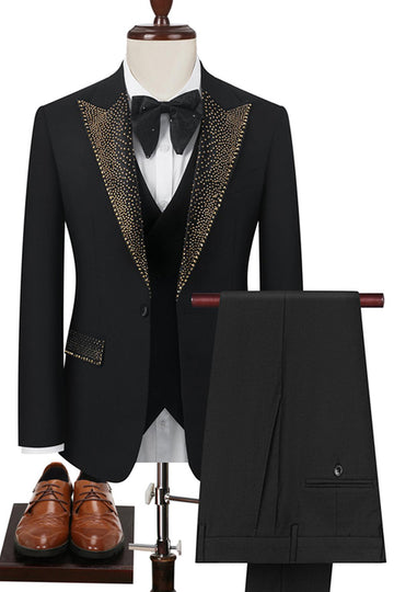 Black Peak Lapel Beaded 3-Piece Men Suits